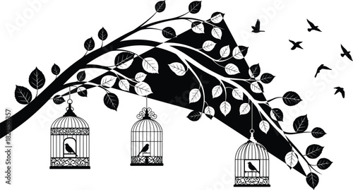 Silhouette tree branch with birdcages, flying birds, freedom concept, black and white vector, symbolic art, minimal design, nature, contrast, emotional depth