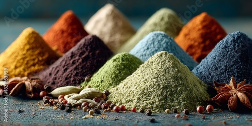Fototapeta Naklejka Na Ścianę i Meble -  Colorful spice powders creating culinary flavor concept
