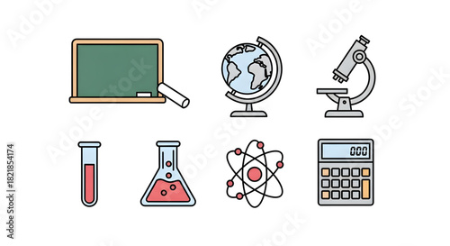 A colorful collection of flat line icons representing school subjects like science, mathematics, and geography for educational design concepts