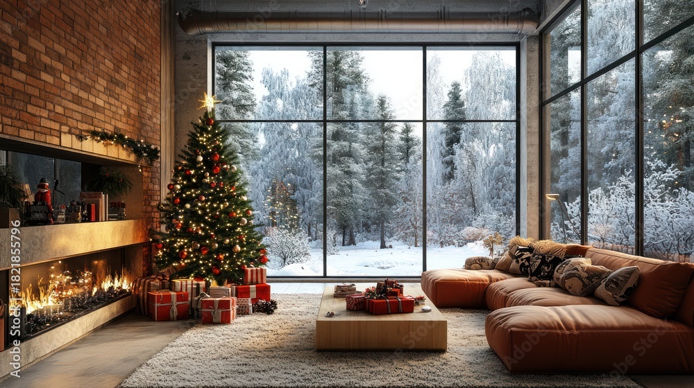 Fototapeta premium Christmas morning living room, snowy forest view, gifts, fireplace