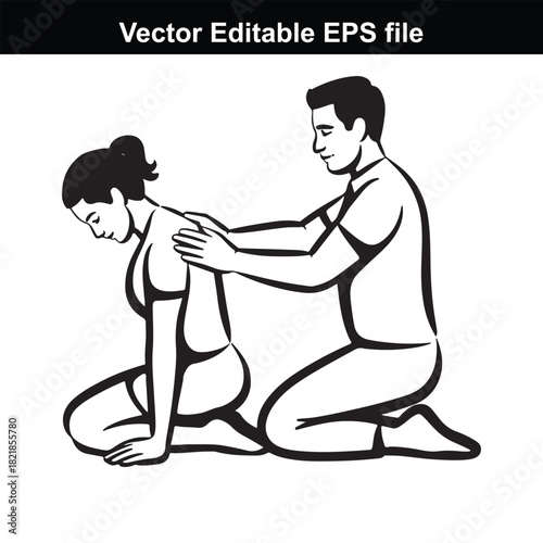 Man giving a woman a massage while she is kneeling on the floor, vector illustration