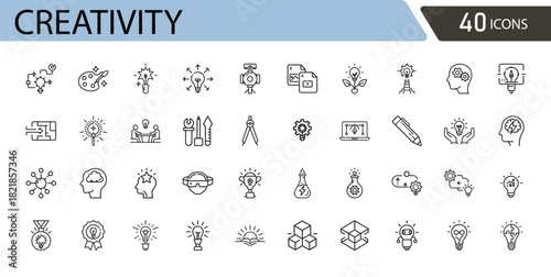 Creativity icons set. Includes symbols for idea, imagination, inspiration, design, art, vision, innovation, creative thinking, concept, and brainstorming.  Outline icons. 