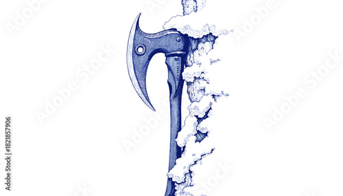 Vintage sketch of a frozen climbing axe in blue ink  