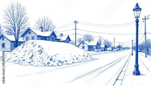 Vintage sketch of snowy street with houses and lamp post in blue  