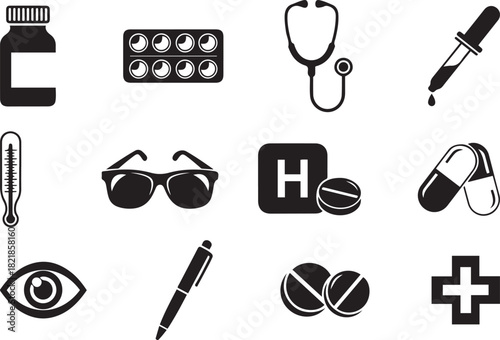 Assortment of Black Medical and Healthcare Icons on White Background medicine pills