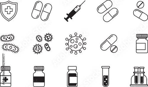 Assortment of black and white icons related to medicine and health shield with cross