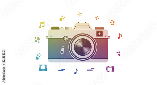Vibrant camera illustration surrounded by music notes and filmstrip icons creates a fun and playful design for creative projects and artistic endeavors