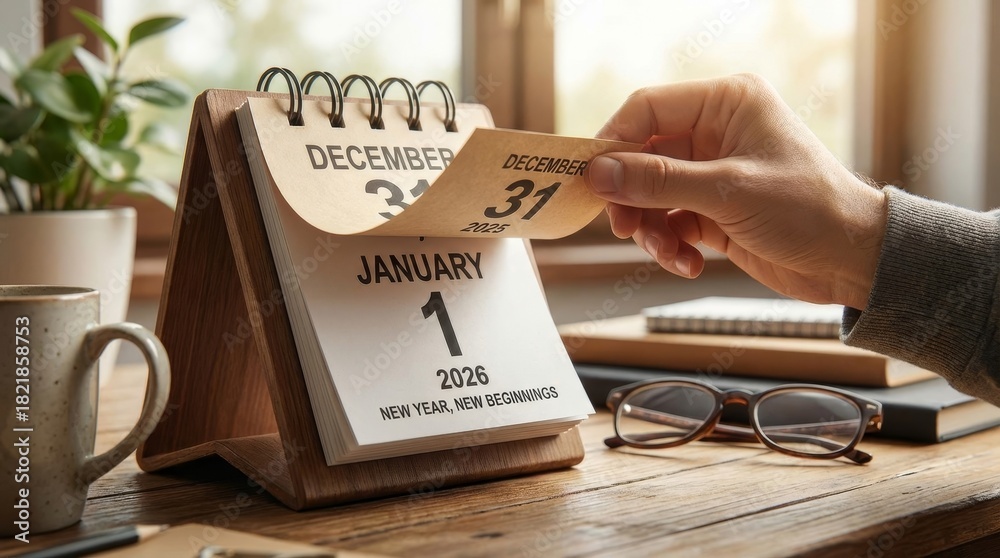 Obraz premium Hand turning a desk calendar page from december 31, 2025, to january 1, 2026, symbolizing a fresh start, new beginning, and time passing on a rustic wooden table with office accessories