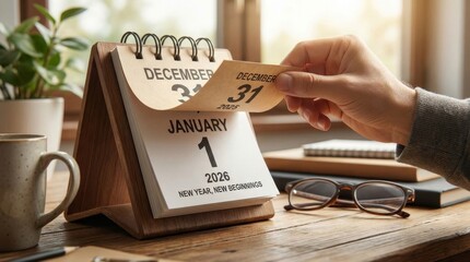Hand turning a desk calendar page from december 31, 2025, to january 1, 2026, symbolizing a fresh start, new beginning, and time passing on a rustic wooden table with office accessories