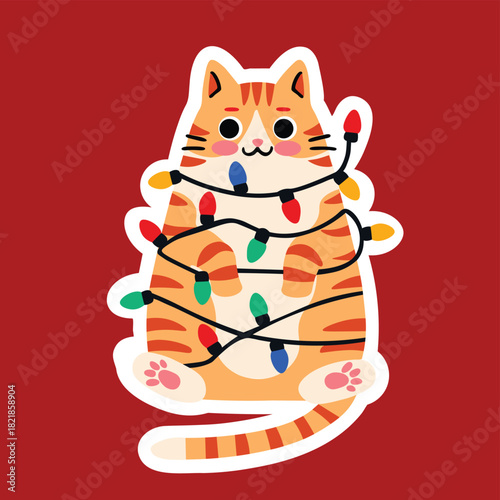 Cute ginger cat tangled in a mess of colorful christmas lights, a playful and humorous vector sticker for the holiday season