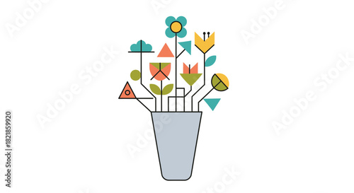 Modern geometric flower arrangement in vase adds a vibrant touch to your design needs perfect for spring, summer, and fresh designs with a playful aesthetic