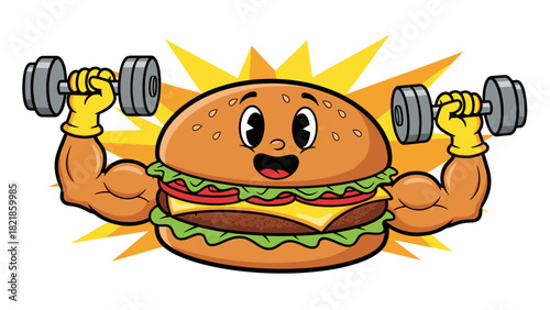Cartoon burger lifting weights promoting fitness and healthy eating concept