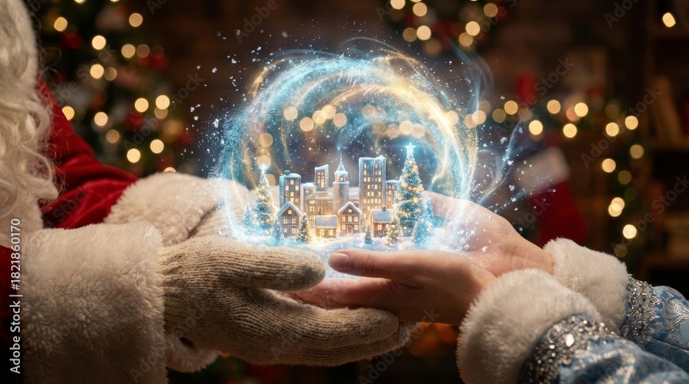 Obraz premium Santa claus and snow maiden are holding a glowing magical snow globe featuring a festive winter village scene, symbolizing holiday wonder and the spirit of christmas