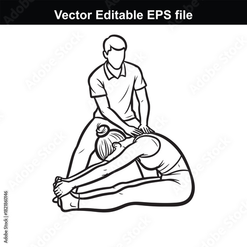 Line art illustration of a person receiving a massage from another person, isolated on white background
