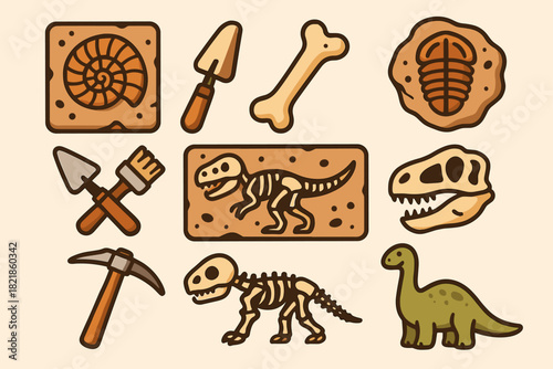 Dinosaur Fossils and Archaeology Tools Color Icons Set