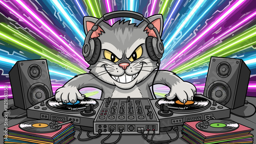 Cartoon cat dj mixing music with headphones and turntables against colorful background
