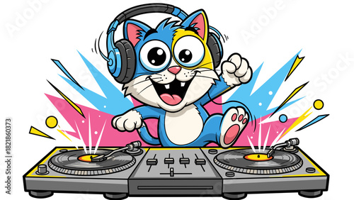 Cartoon cat dj spinning records with headphones on white background