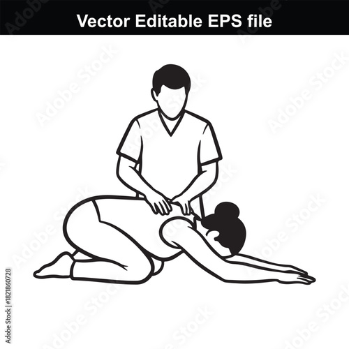 Illustration of a person giving a massage to another person who is kneeling on the floor, isolated on white background