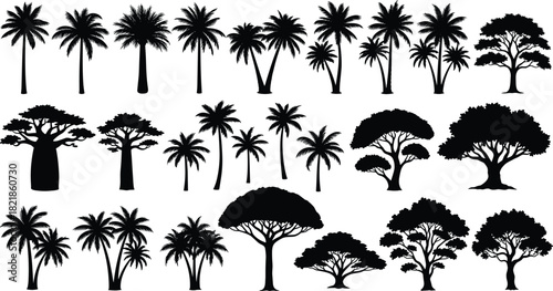 Tree silhouette vector set, tropical trees, baobab, palm, forest elements, black botanical shapes, nature icons, landscape design, isolated tree collection