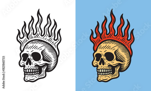 A skull with rising flames above it, drawn with bold lines and intense detailing for a dramatic look.