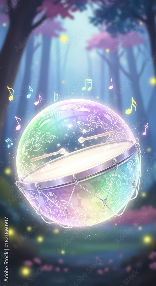 Naklejka premium Glowing, multicolored percussion instrument floats within an enchanted, dim forest setting