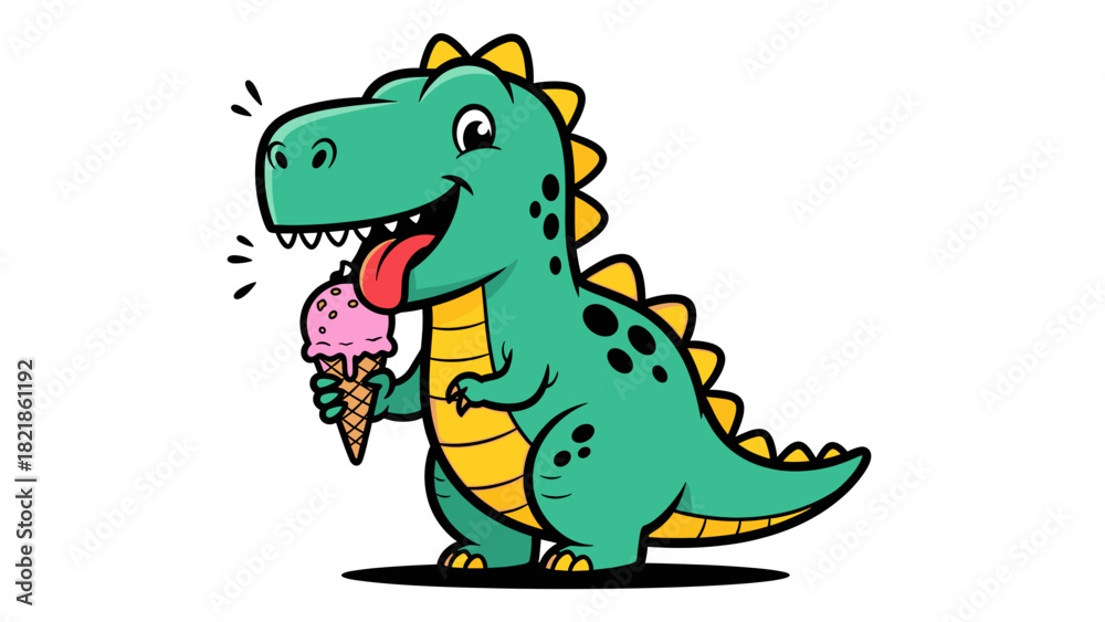 Naklejka premium Cartoon dinosaur enjoying ice cream cone against a white background vector illustration