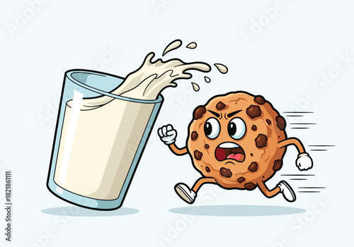 Cartoon cookie chases milk fun illustration for food beverage and design