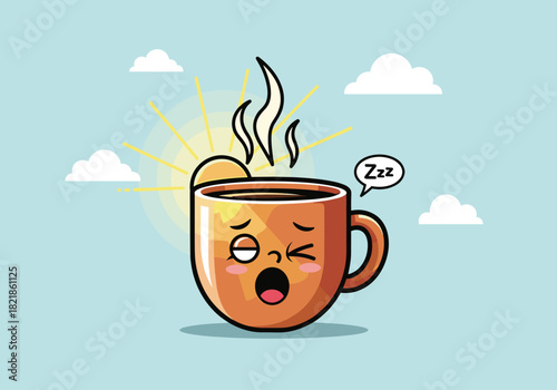 Cartoon coffee cup yawning with steam and clouds on blue background