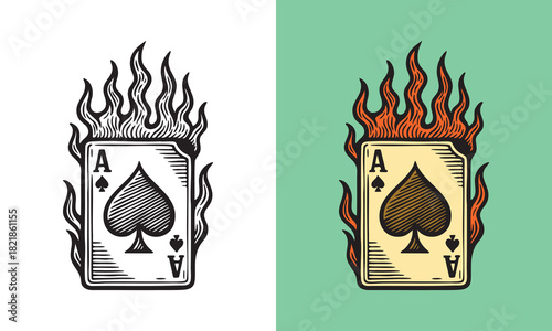 Burning ace of spades card with bold flames and etched details, creating a dramatic fiery design.