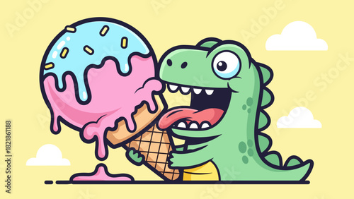 Cartoon dinosaur enjoying an ice cream cone on a yellow background
