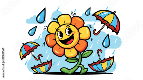 Cartoon flower in rain with umbrellas illustration happy character in the storm