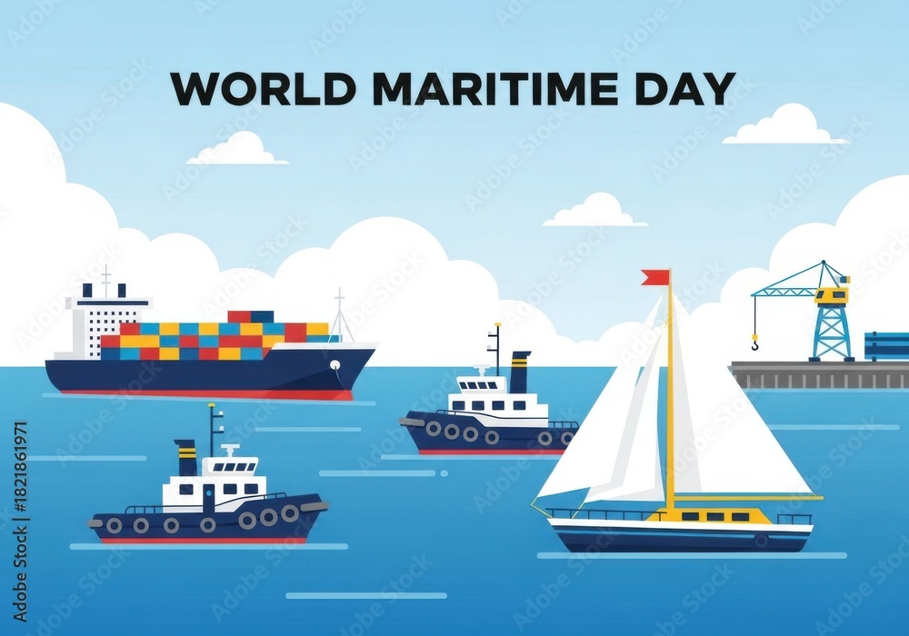 Naklejka premium Celebrate world maritime day with cargo ship, tugboat, and sailboat on the sea against a backdrop of clouds and a coastal port