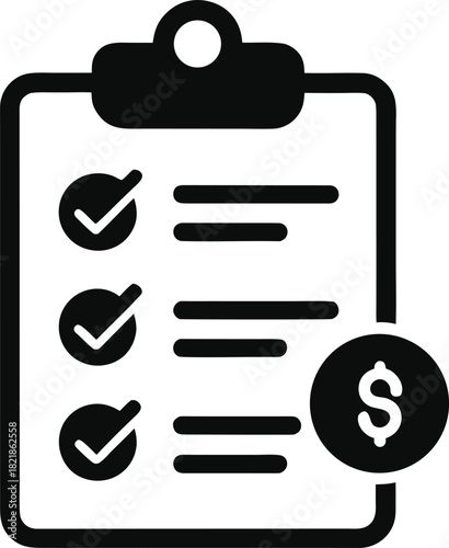 Black financial goal checklist icon isolated on transparent background