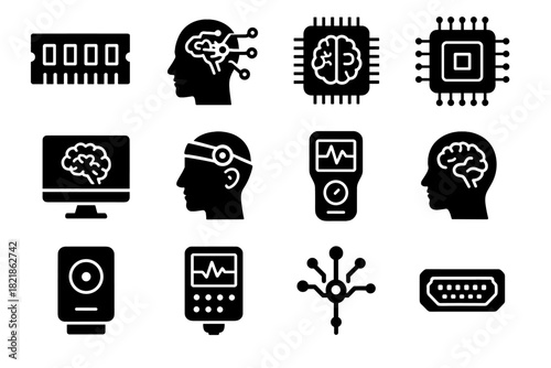 Memory monitor neural vector futuristic icon chip analyzer probe processor data device