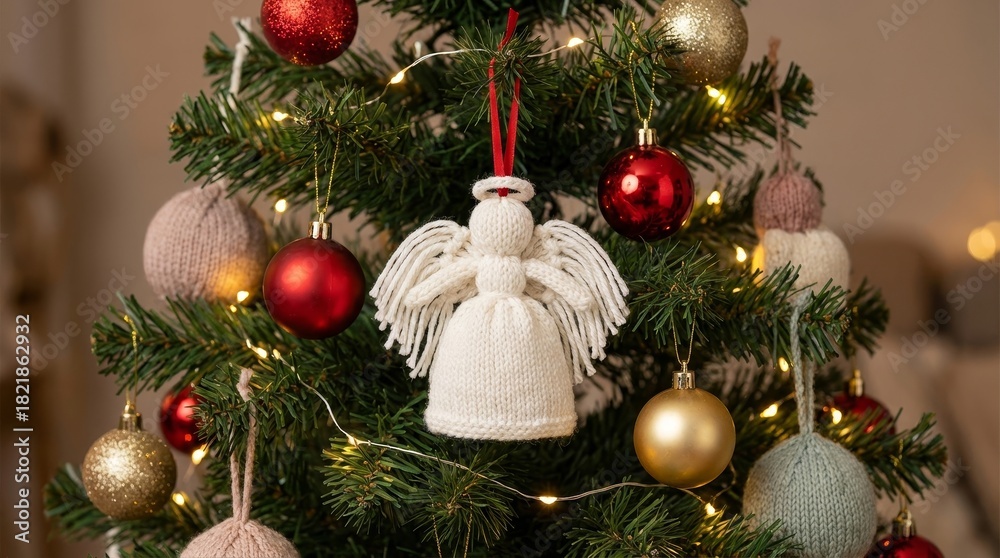 Fototapeta premium Christmas tree branches holding a white knitted angel ornament among red and gold baubles, creating a cozy and festive holiday atmosphere with glowing fairy lights in the background