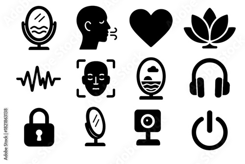 Lotus wave headphone mirror therapy detection flower breathing button vector grid icon