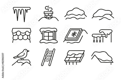 Chimney wooden roof icons ladder winter pipe icon shingles vector smoke icicles