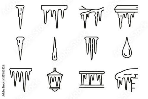 Vector thin icicle melting spike icicles icon drop collection thick frozen branch