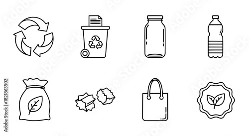 Eco-Friendly Line Art Icons for Sustainable Living and Zero Waste