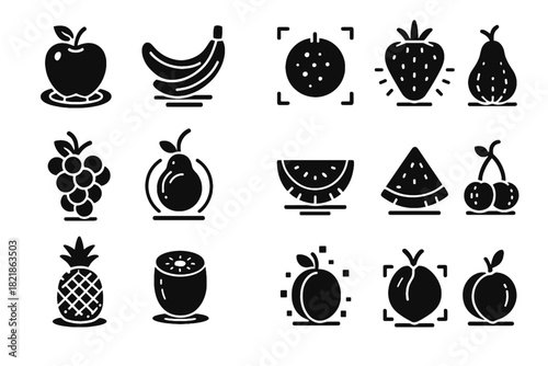 Grape pixelated vector icon luminous digital virtual collection bunch kiwi apple ar