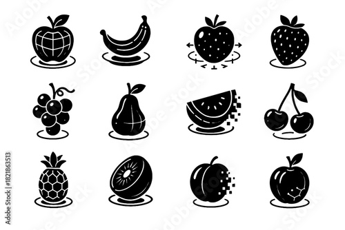 Grape banana icon garden virtual pear peach icons vector slice strawberry cherry