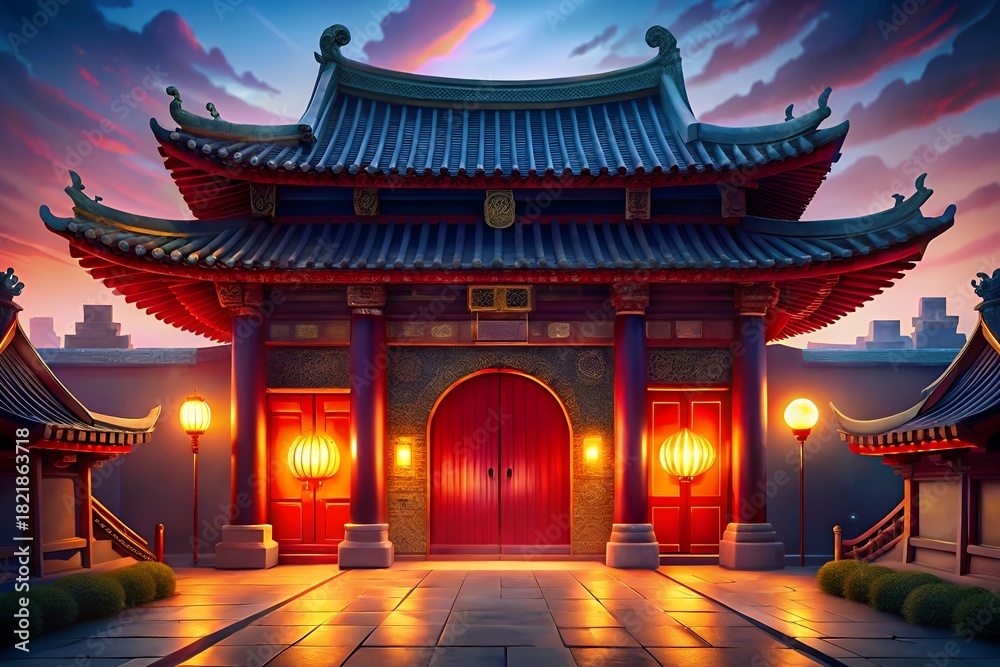 Fototapeta premium Vibrant chinese temple entrance at sunset with lanterns
