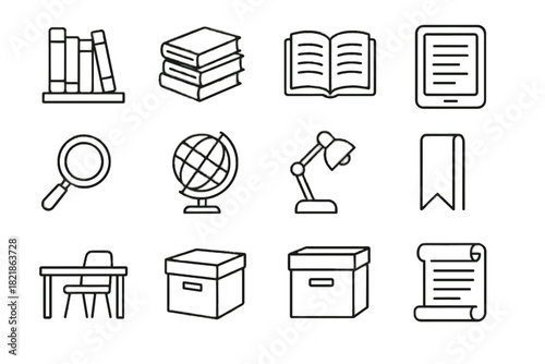 Icons glass globe library virtual magnifying icon vector open bookshelf lamp bookmark
