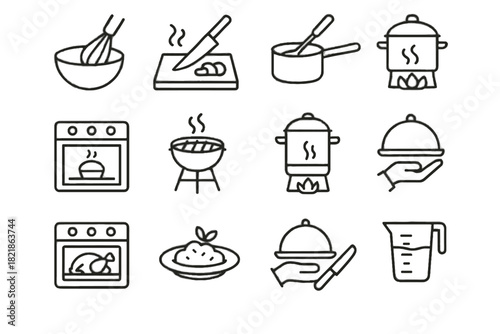 Baking icons chopping grilling process icon roasting garnishing vector mixing stirring cooking