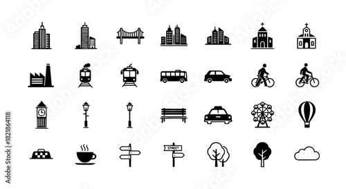 Urban Landscape Icons Cityscapes, Landmarks, and Transport Vectors