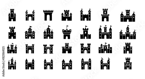 Collection of Fortress and Castle Icon Set Vector Illustration