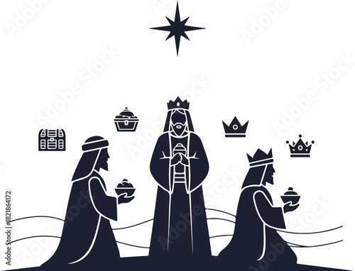 Three Wise Men Silhouette: A stylized depiction of the three wise men, accompanied by a shining star, signifies the traditional depiction of the biblical event.