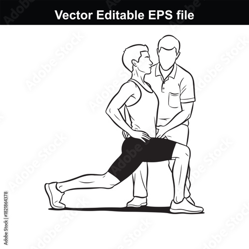 Man performing a lunge exercise with a trainer assisting him, isolated on white background