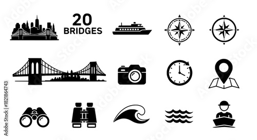 Travel and Tourism Icon Set Bridges, Compass, Camera, and More