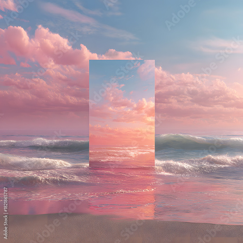 Abstract factasy and realistic mirror in desert, background, futuristic